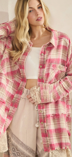 Washed plaids and embroidered mesh mix shacket