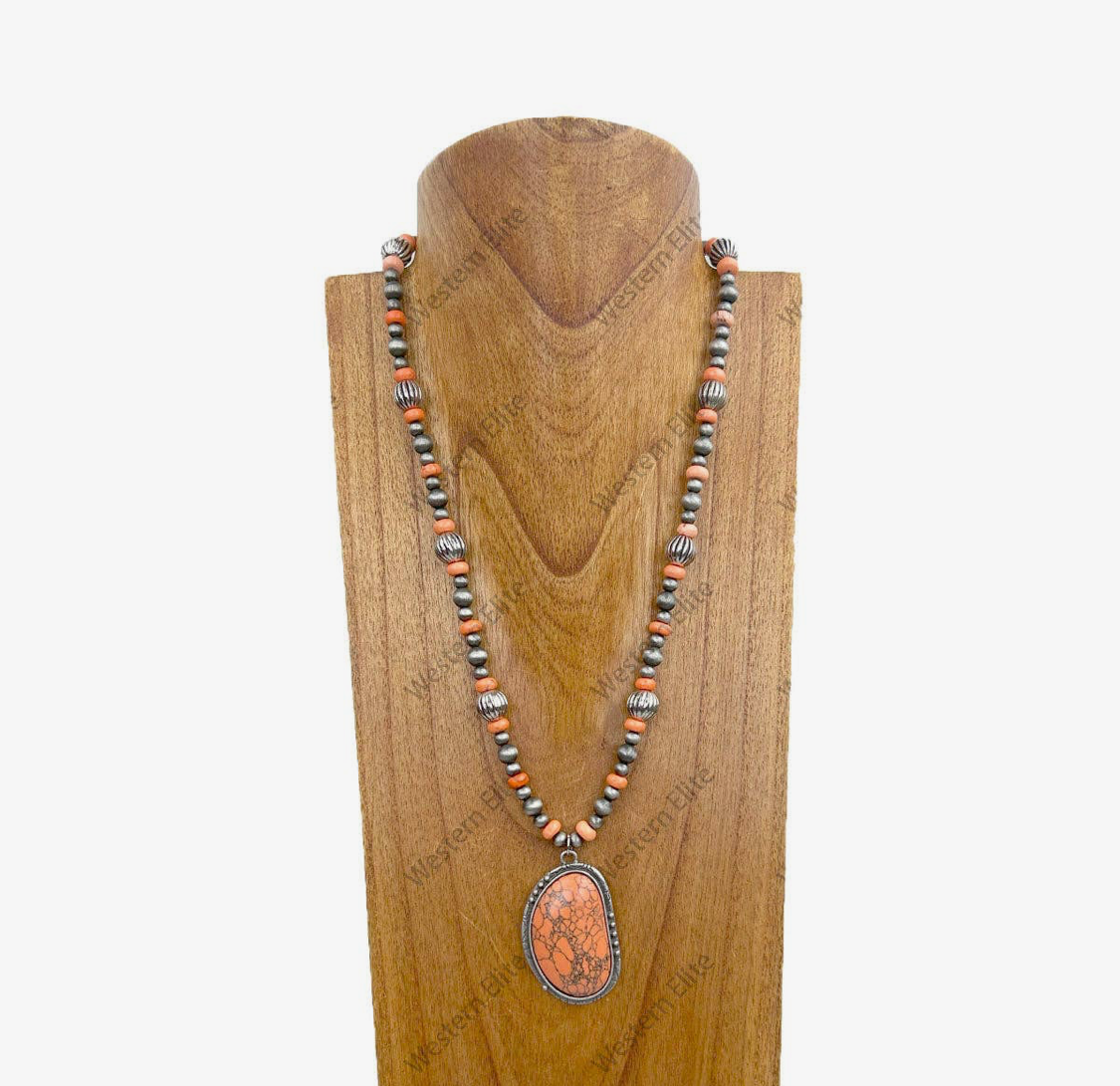 24" Silver Navajo Pearl and Orange Turquoise Stone Beads with Large Orange Oval Pendent