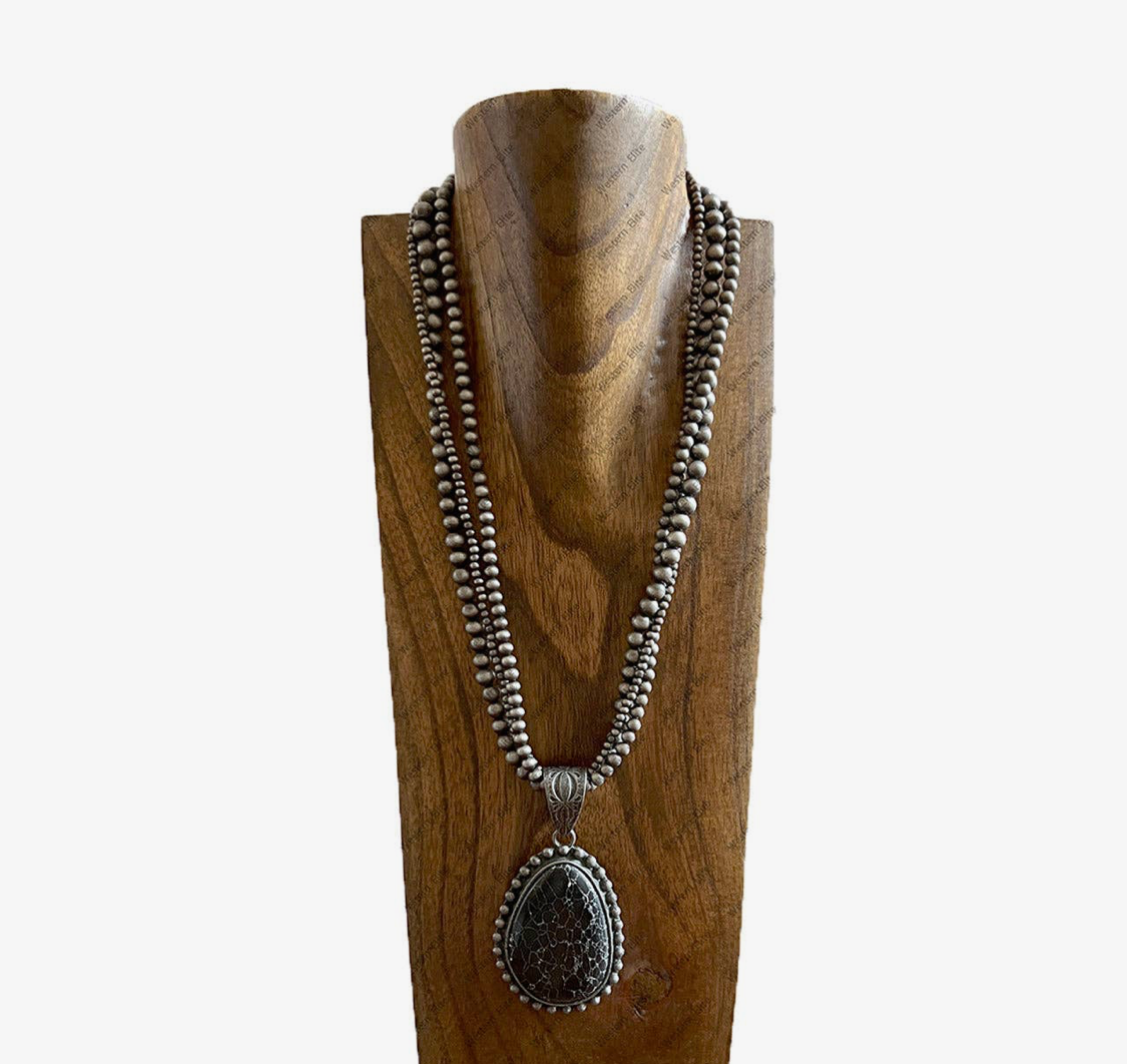 3 Strings Silver Navajo Pearl Beads with Black Oval Stone