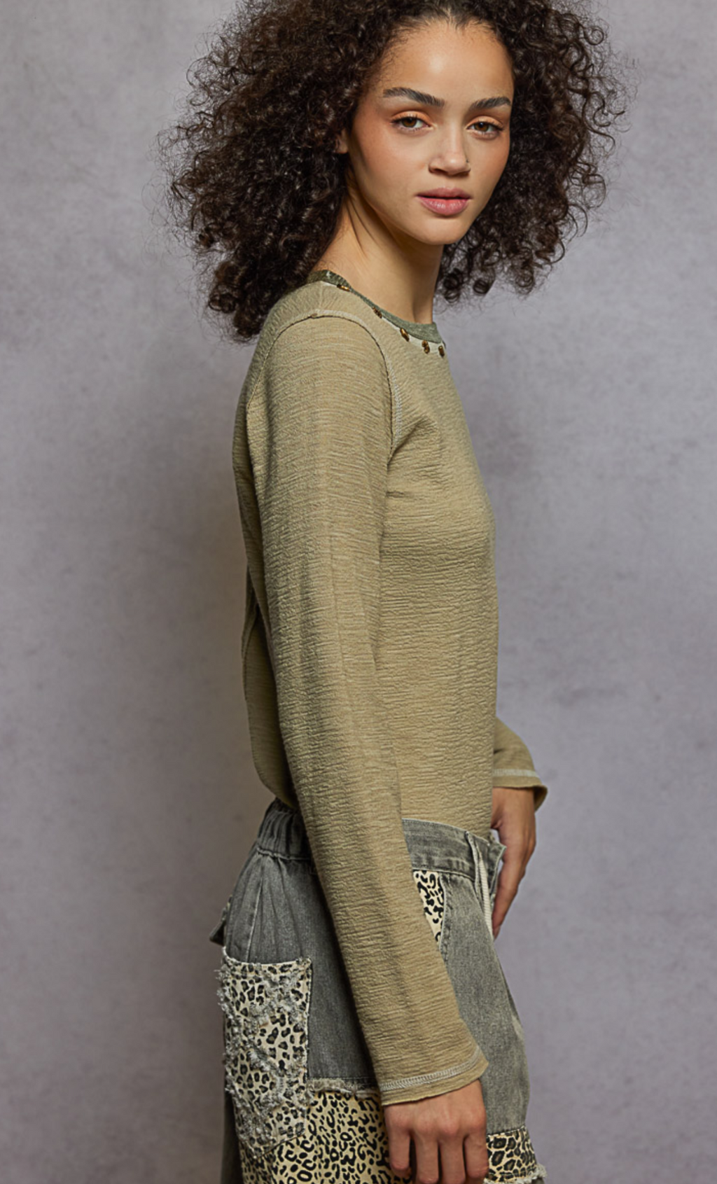 Long Sleeve Solid Pattern Stud Detail Textured Knit Top