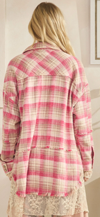 Washed plaids and embroidered mesh mix shacket