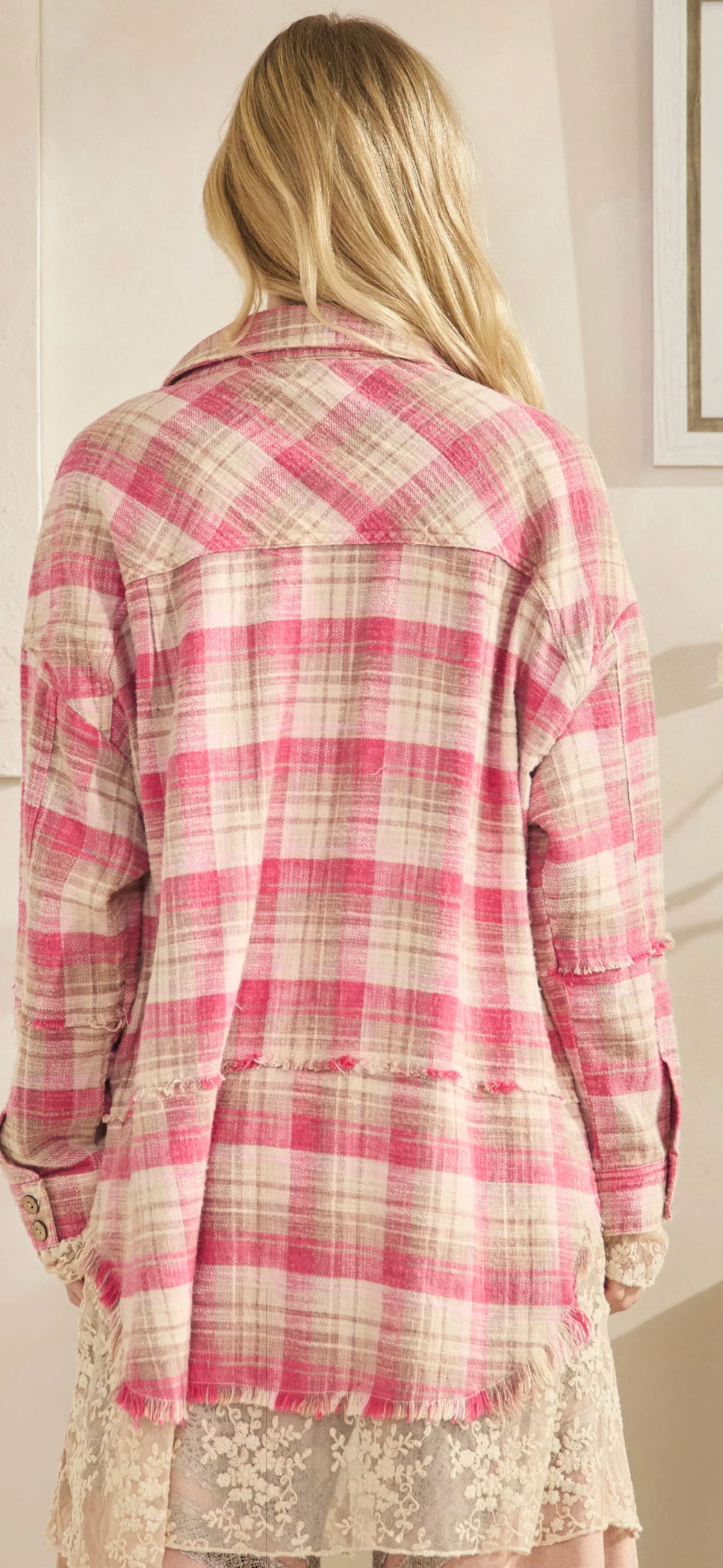 Washed plaids and embroidered mesh mix shacket