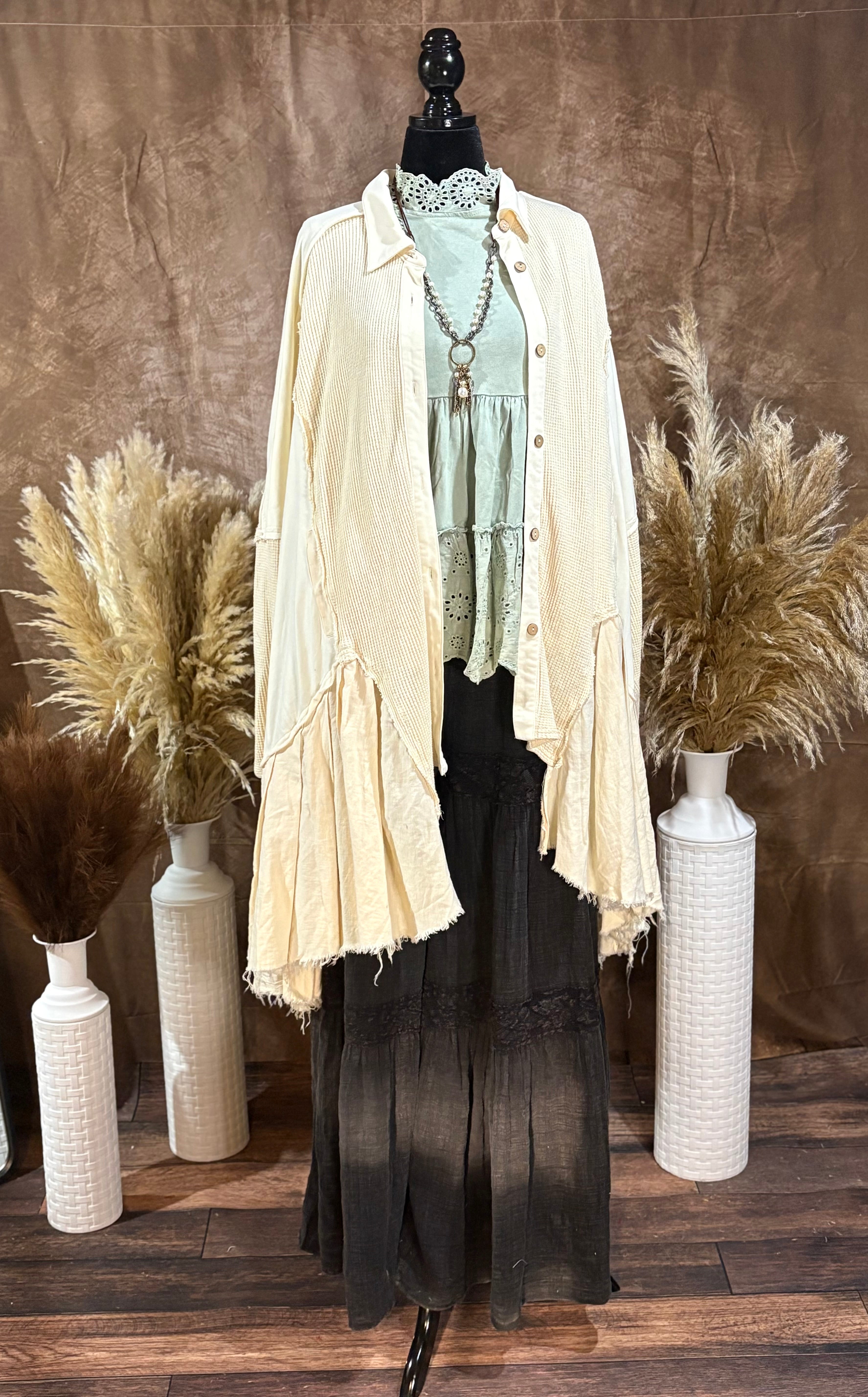 Washed waffle longline ruffle hem shirt