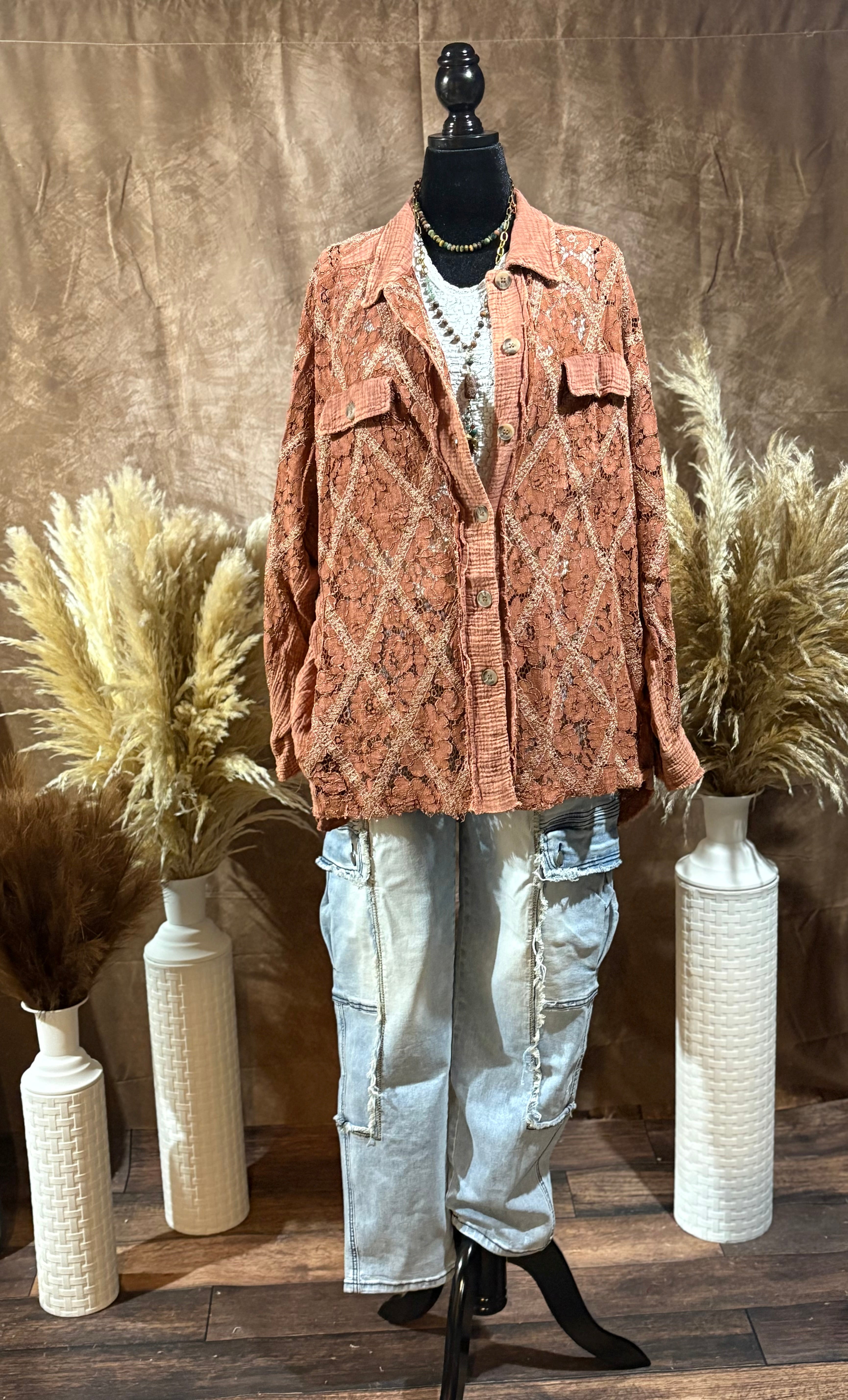 Mineral Washed Button Down Lace Top