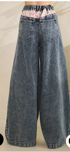Washed Button Down Wide Leg Denim Pants