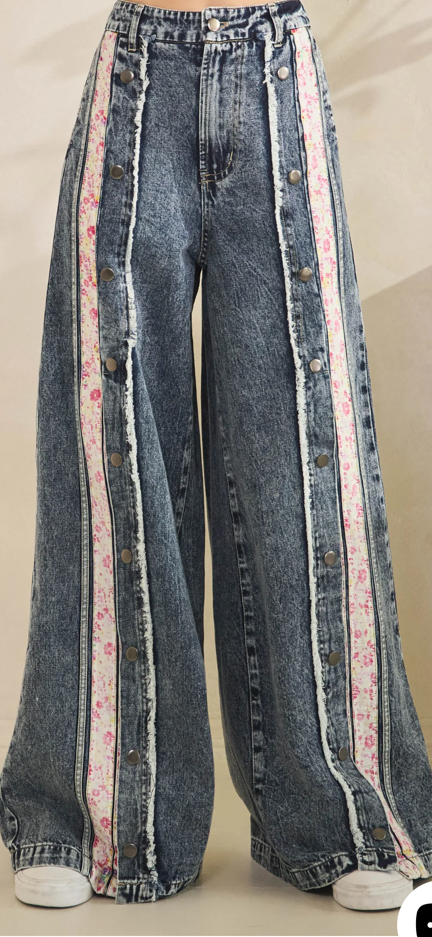 Washed Button Down Wide Leg Denim Pants