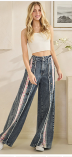 Washed Button Down Wide Leg Denim Pants