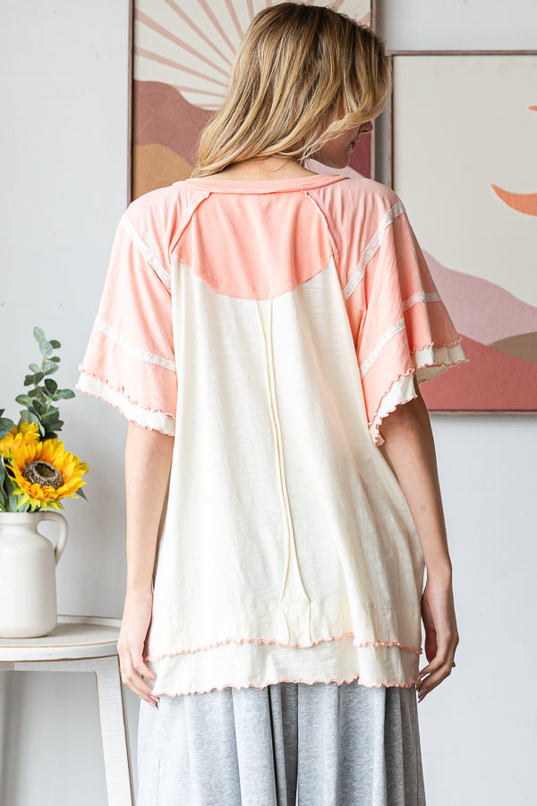 Washed oversized wavy hem v neck short sleeve top