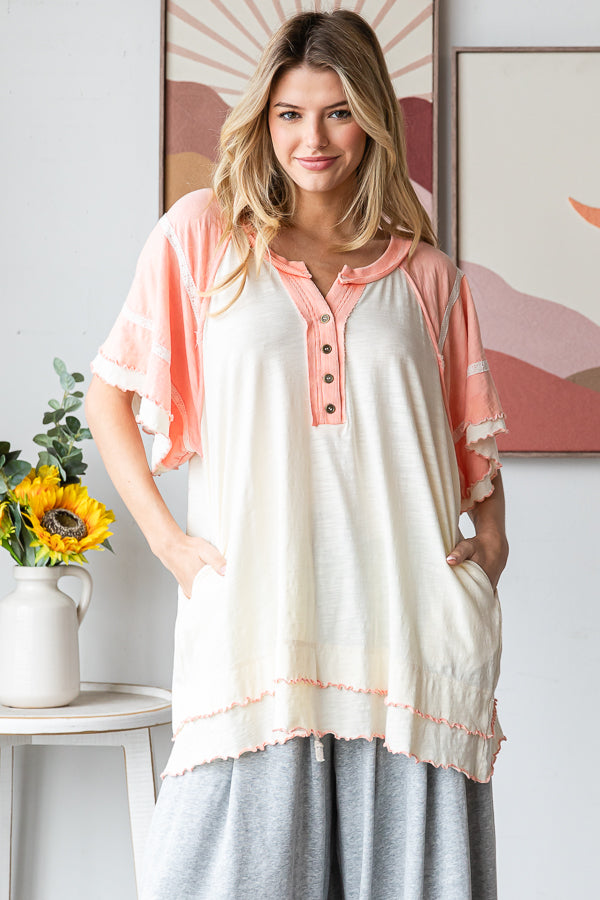 Washed oversized wavy hem v neck short sleeve top