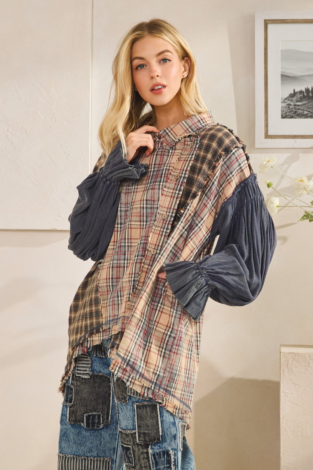 Washed Plaid Asymmetrical Button Down Shirts