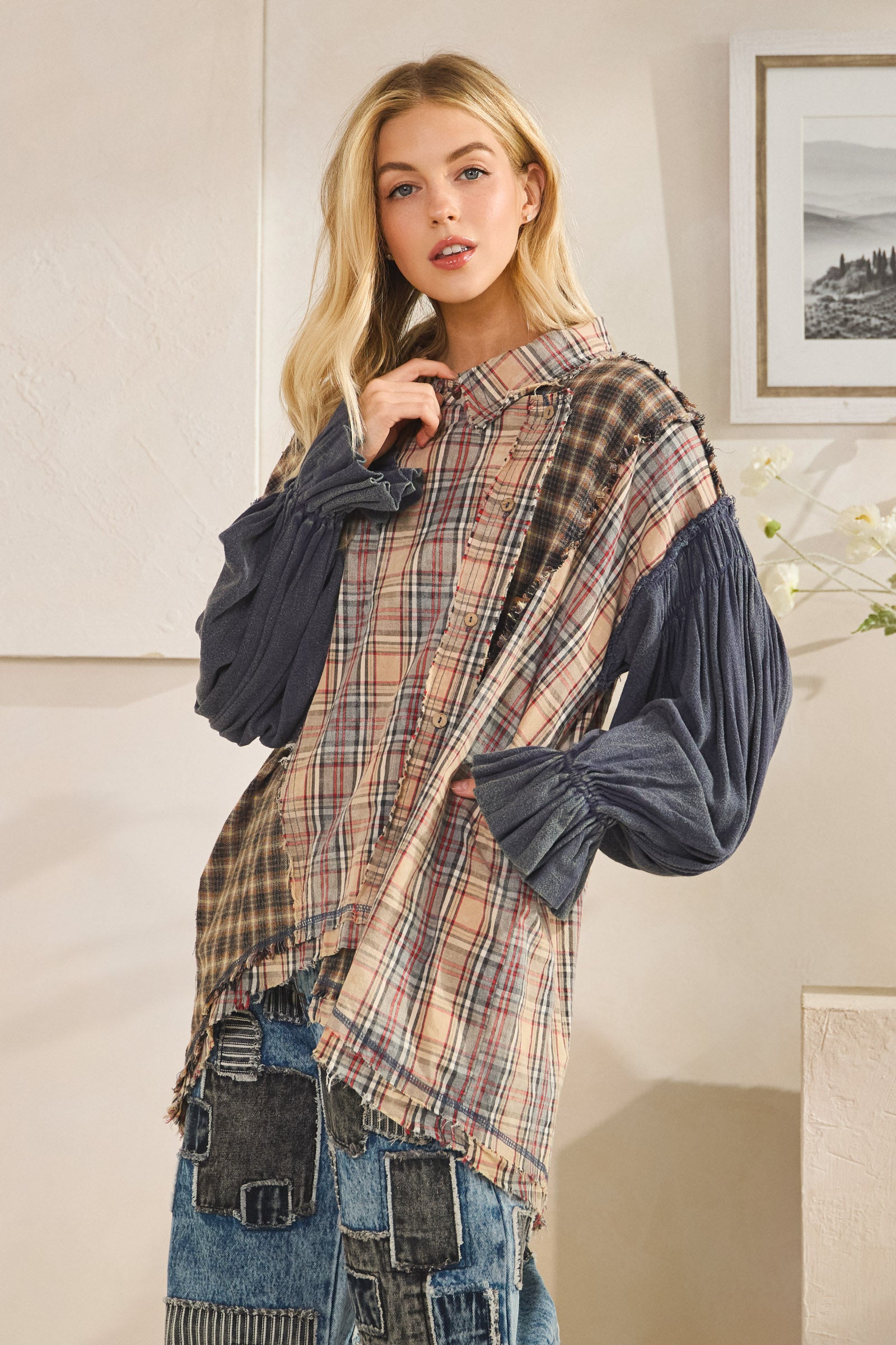 Washed Plaid Asymmetrical Button Down Shirts