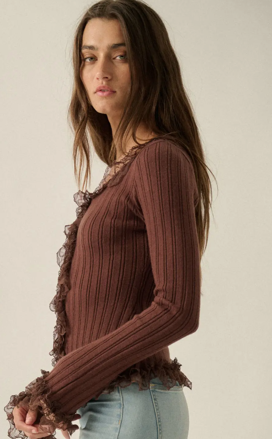 Solid Ribbed Knit Button-Up Long Sleeve Lace Ruffle Trim Top