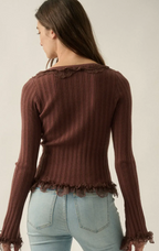 Solid Ribbed Knit Button-Up Long Sleeve Lace Ruffle Trim Top
