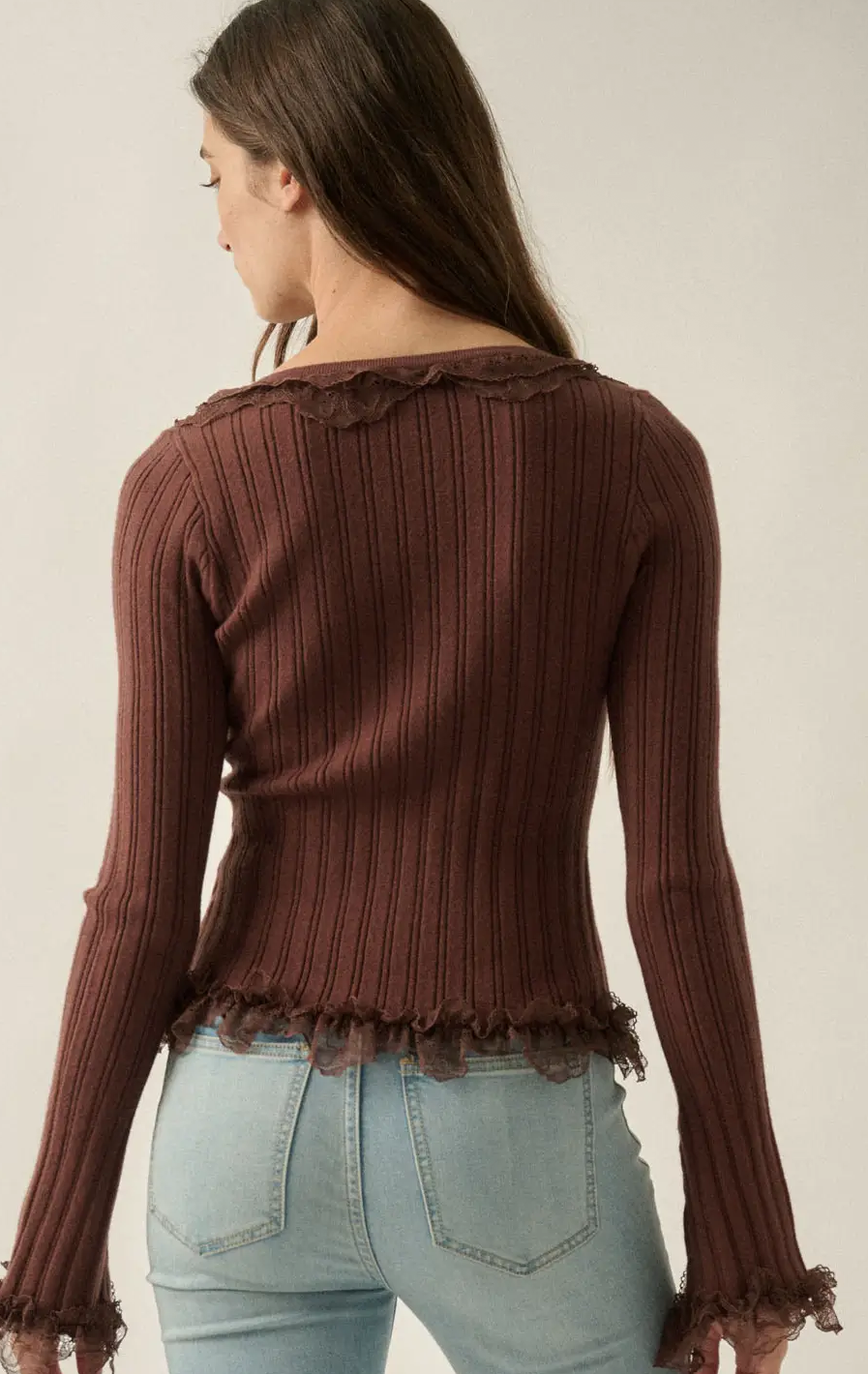Solid Ribbed Knit Button-Up Long Sleeve Lace Ruffle Trim Top
