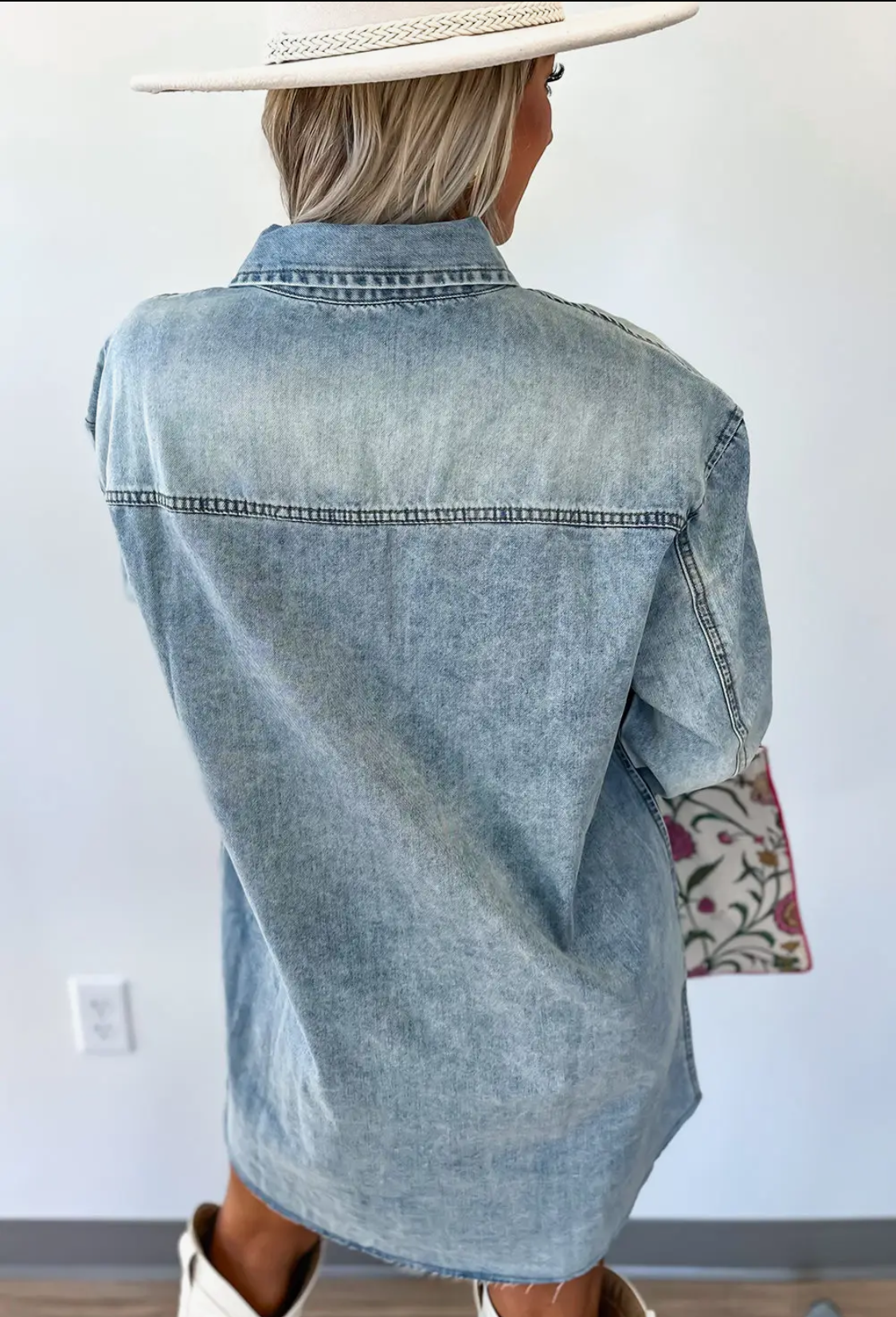 Beau Blue Chest Pocket Raw Hem Denim Loose Shirt