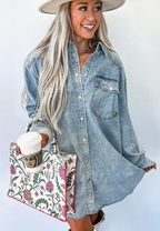 Beau Blue Chest Pocket Raw Hem Denim Loose Shirt