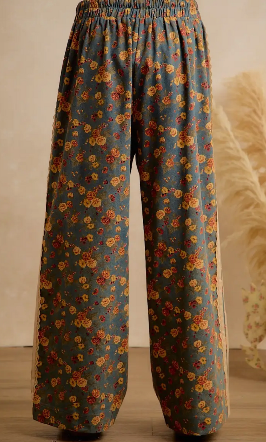 Washed Floral Denim Side Lace Trim Elastic Pants