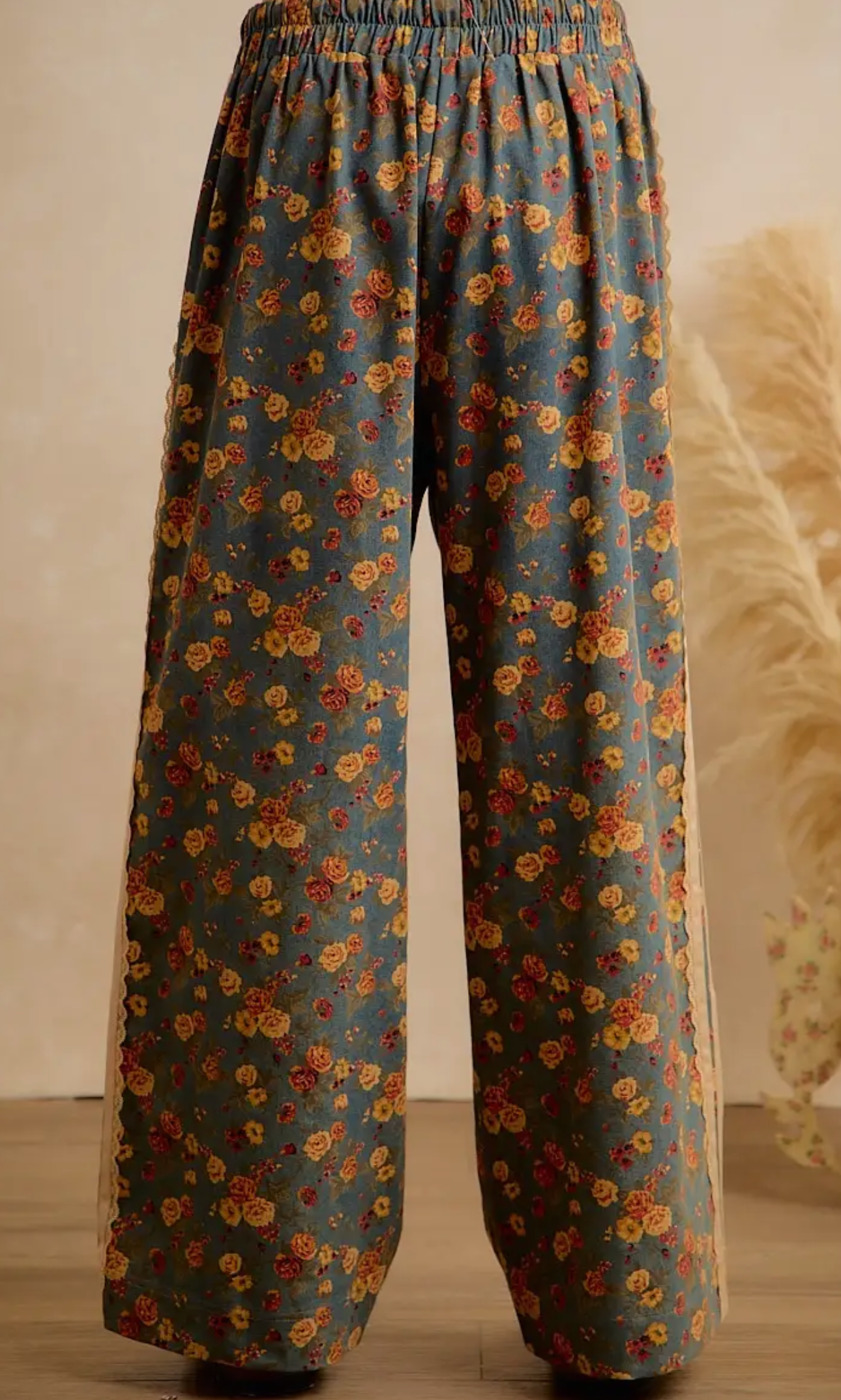 Washed Floral Denim Side Lace Trim Elastic Pants