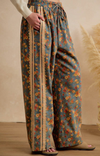 Washed Floral Denim Side Lace Trim Elastic Pants