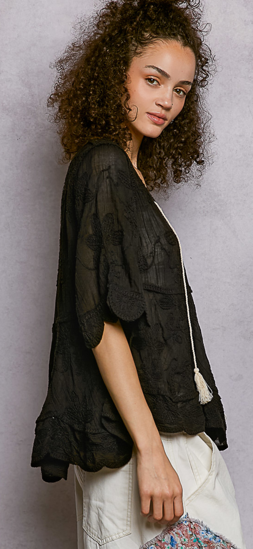 Black Lace Top V-Neck String Accent
