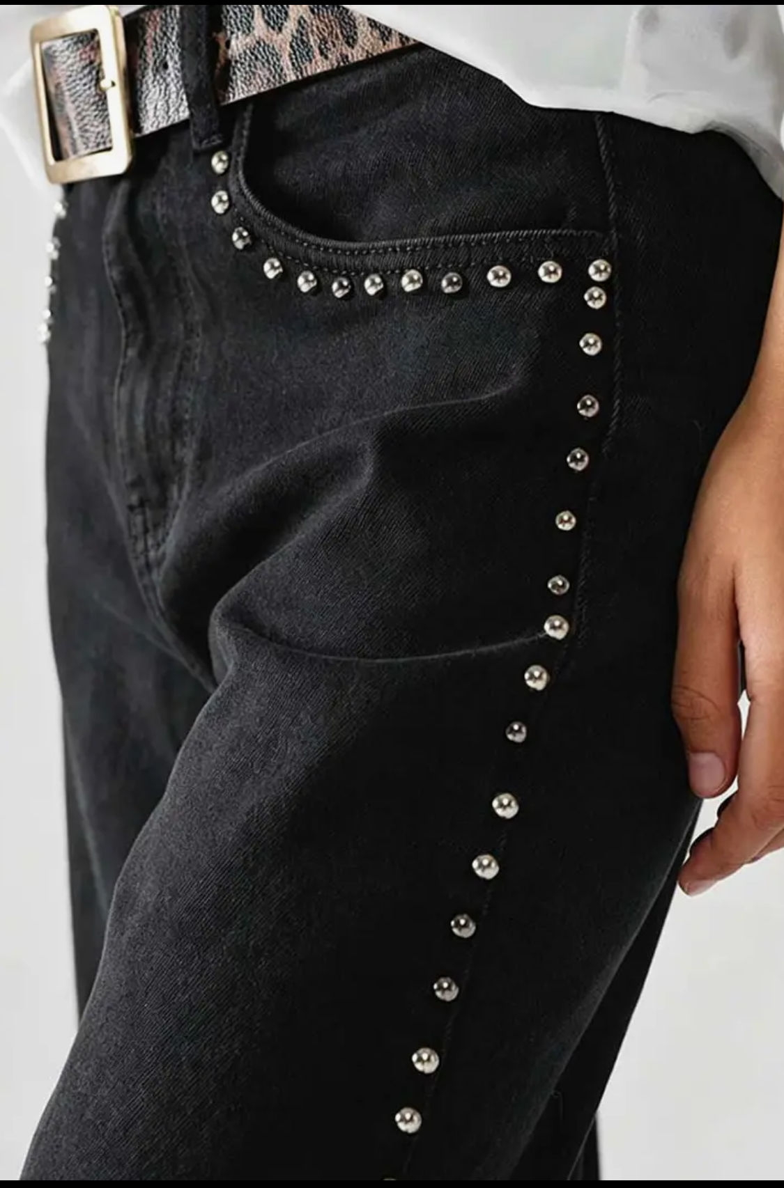 Studded Straight Denim Jeans-washed black