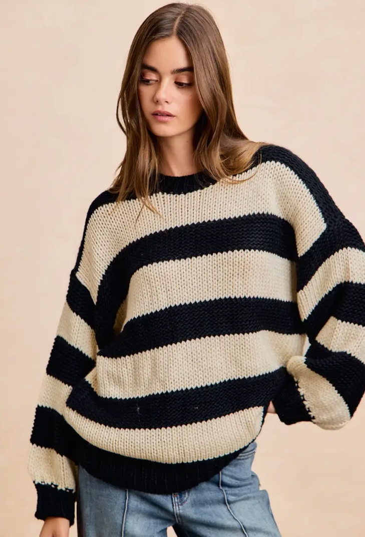 Stripe Chunky Sweater Top- Black/Ivory