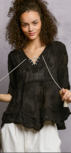 Black Lace Top V-Neck String Accent