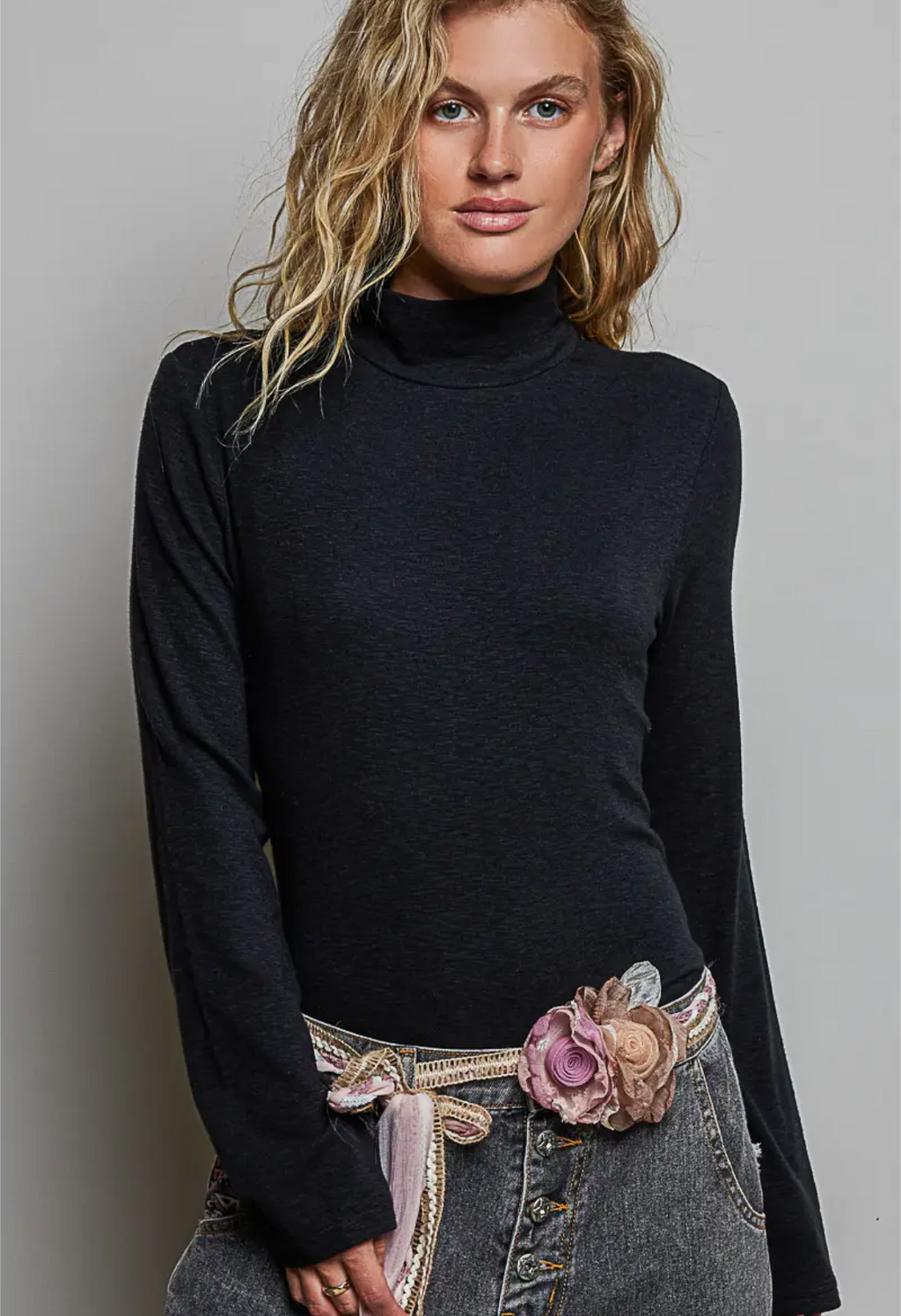 Mock Turtleneck Stretchable Fabric Long Sleeve Solid black