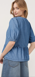 Blue Denim Tie Front Puff Sleeve Peplum Blouse