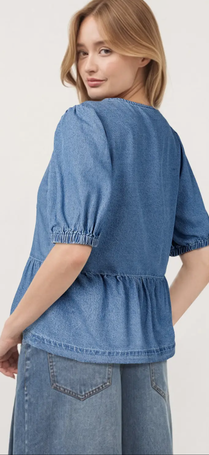 Blue Denim Tie Front Puff Sleeve Peplum Blouse