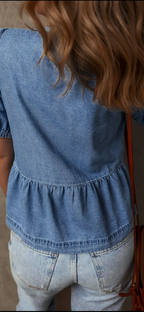 Blue Denim Tie Front Puff Sleeve Peplum Blouse