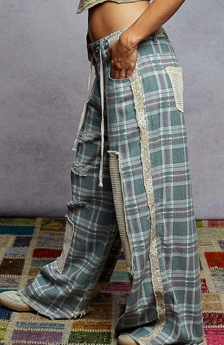 Stud Detail Woven Denim Pants-Teal Plaid