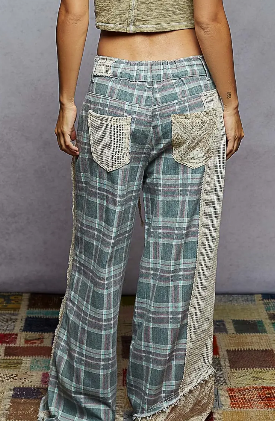 Stud Detail Woven Denim Pants-Teal Plaid