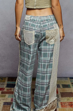 Stud Detail Woven Denim Pants-Teal Plaid