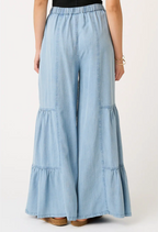 Washed Chambray Tiered Wide Leg Button Front Pants
