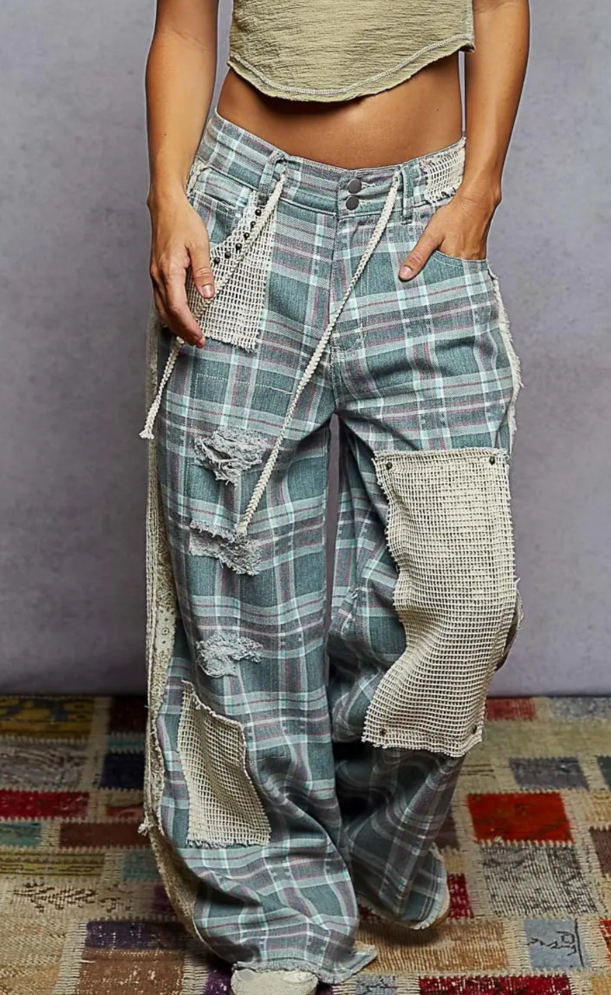 Stud Detail Woven Denim Pants-Teal Plaid