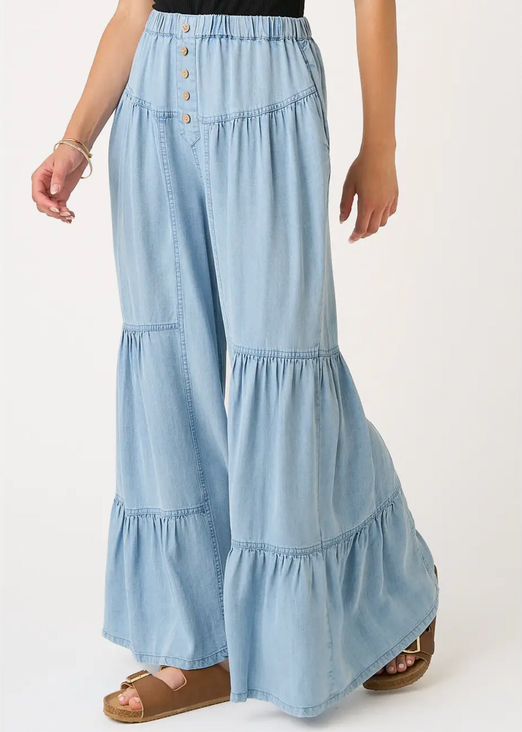 Washed Chambray Tiered Wide Leg Button Front Pants
