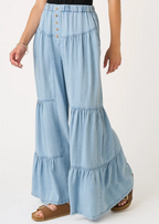 Washed Chambray Tiered Wide Leg Button Front Pants