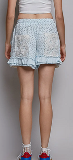 Boho Floral Knit Waistband Lace Patch Ruffle Shorts