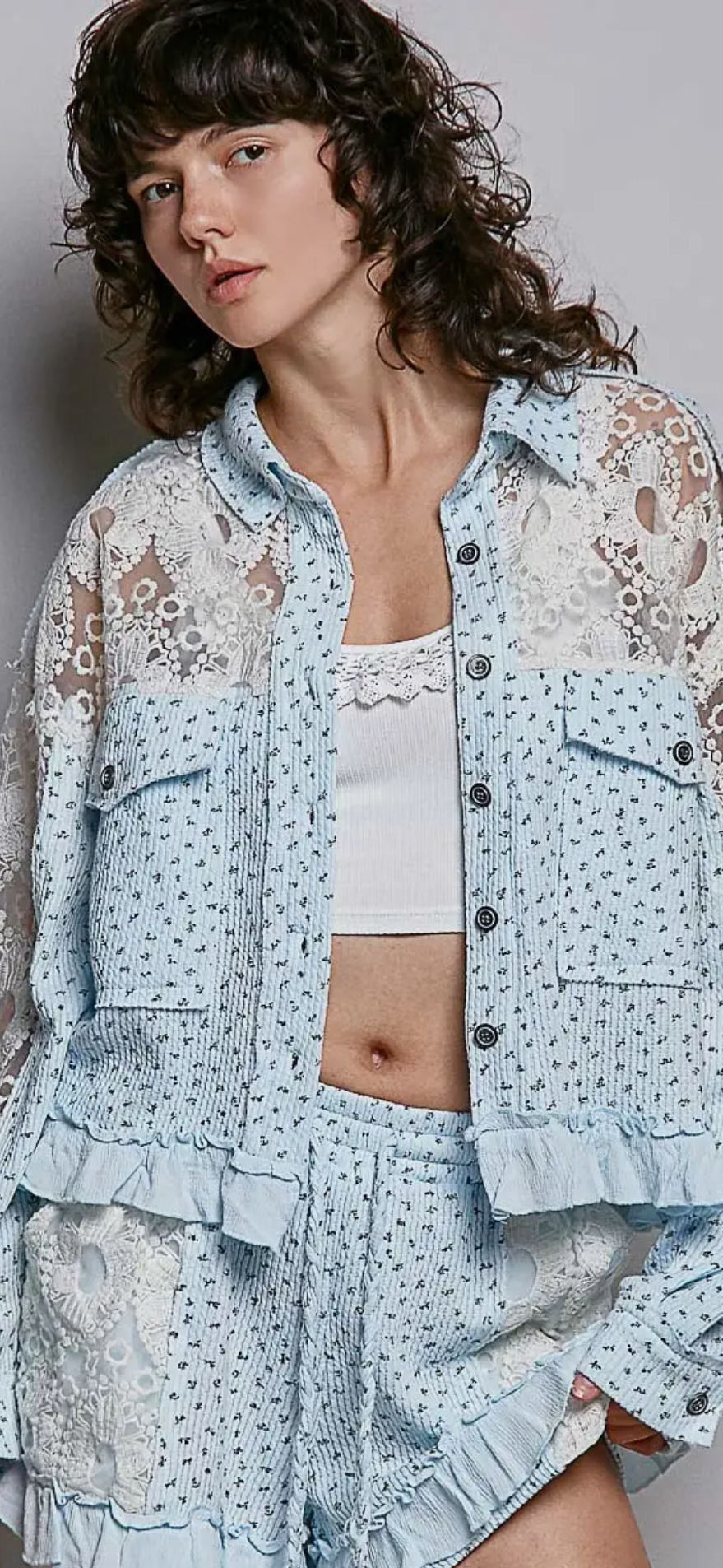 Boho Floral Knit Waistband Lace Patch Ruffle Shorts