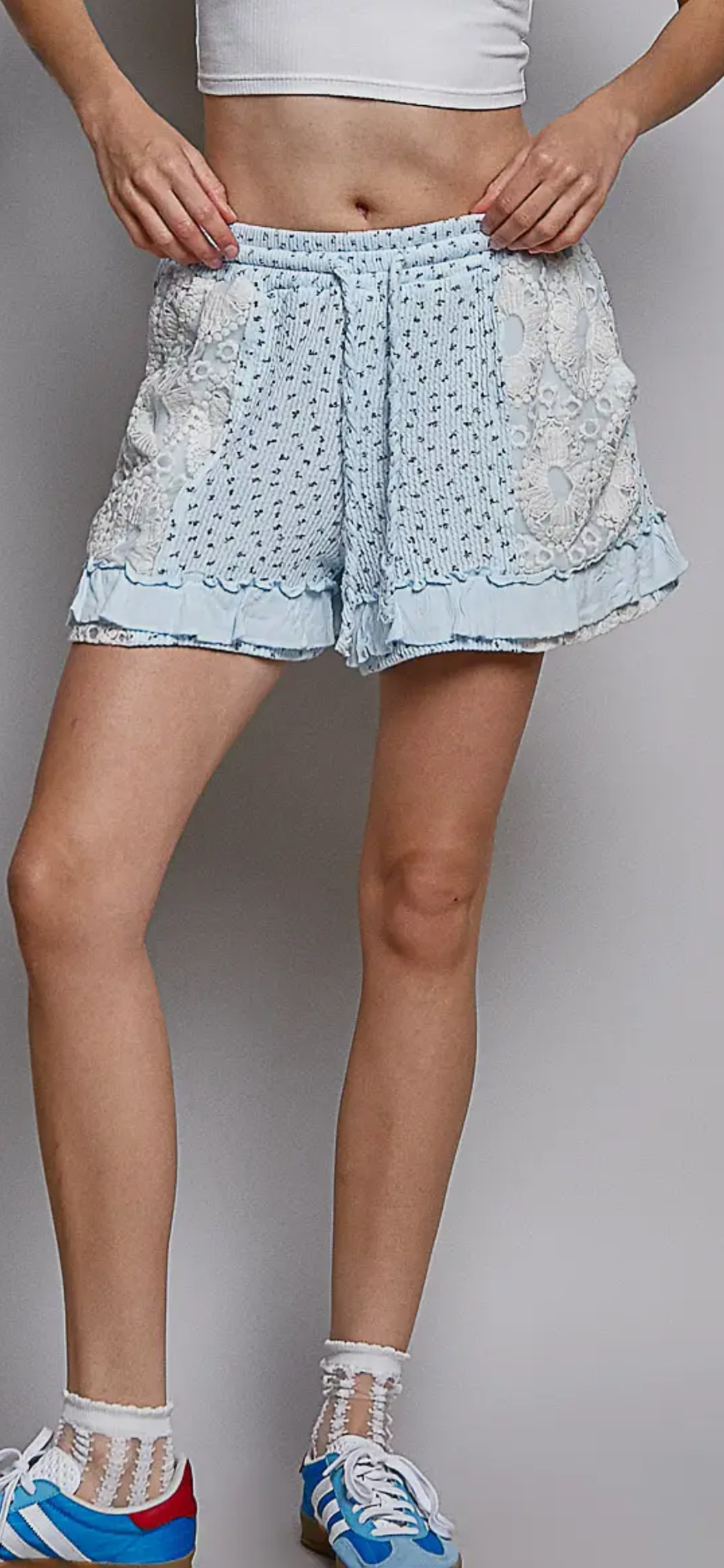 Boho Floral Knit Waistband Lace Patch Ruffle Shorts