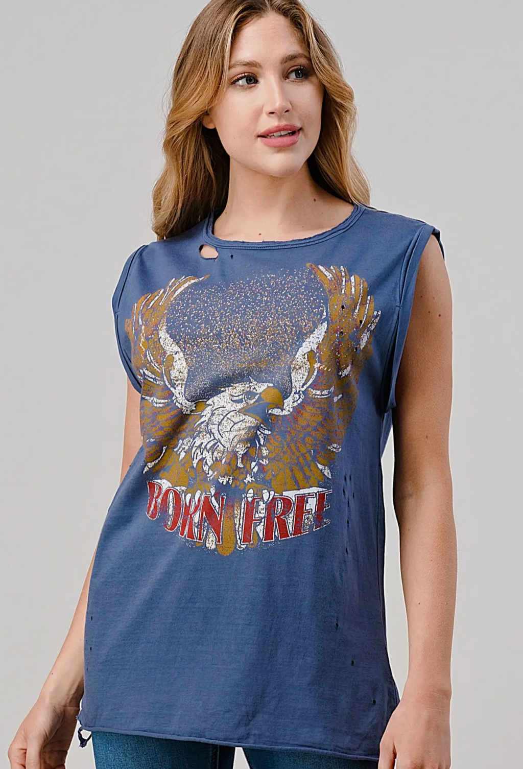 Born Free Relaxed Fit Distressed Rolled Sleeve Muscle Top