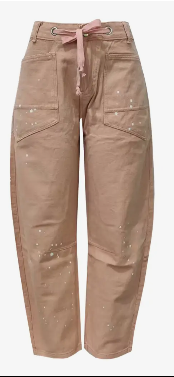 Braided Drawstring Patchwork Barrel Jeans-clay