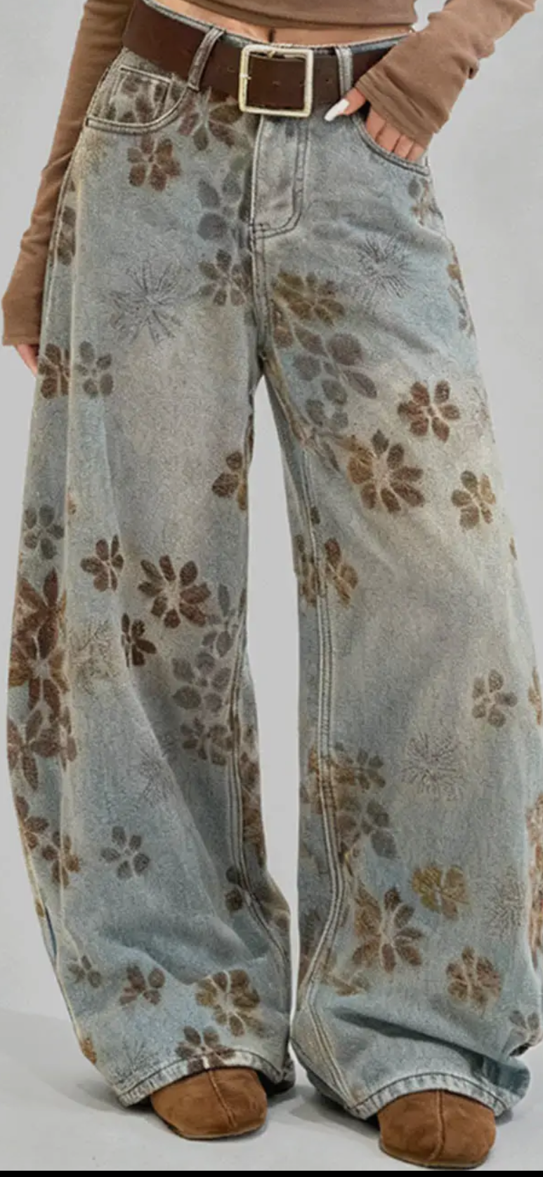 Brown Floral Wide Leg Denim Pants