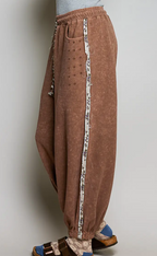 Vintage Wash Laser Cut Adjustable Waist Thermal Knit-Tan