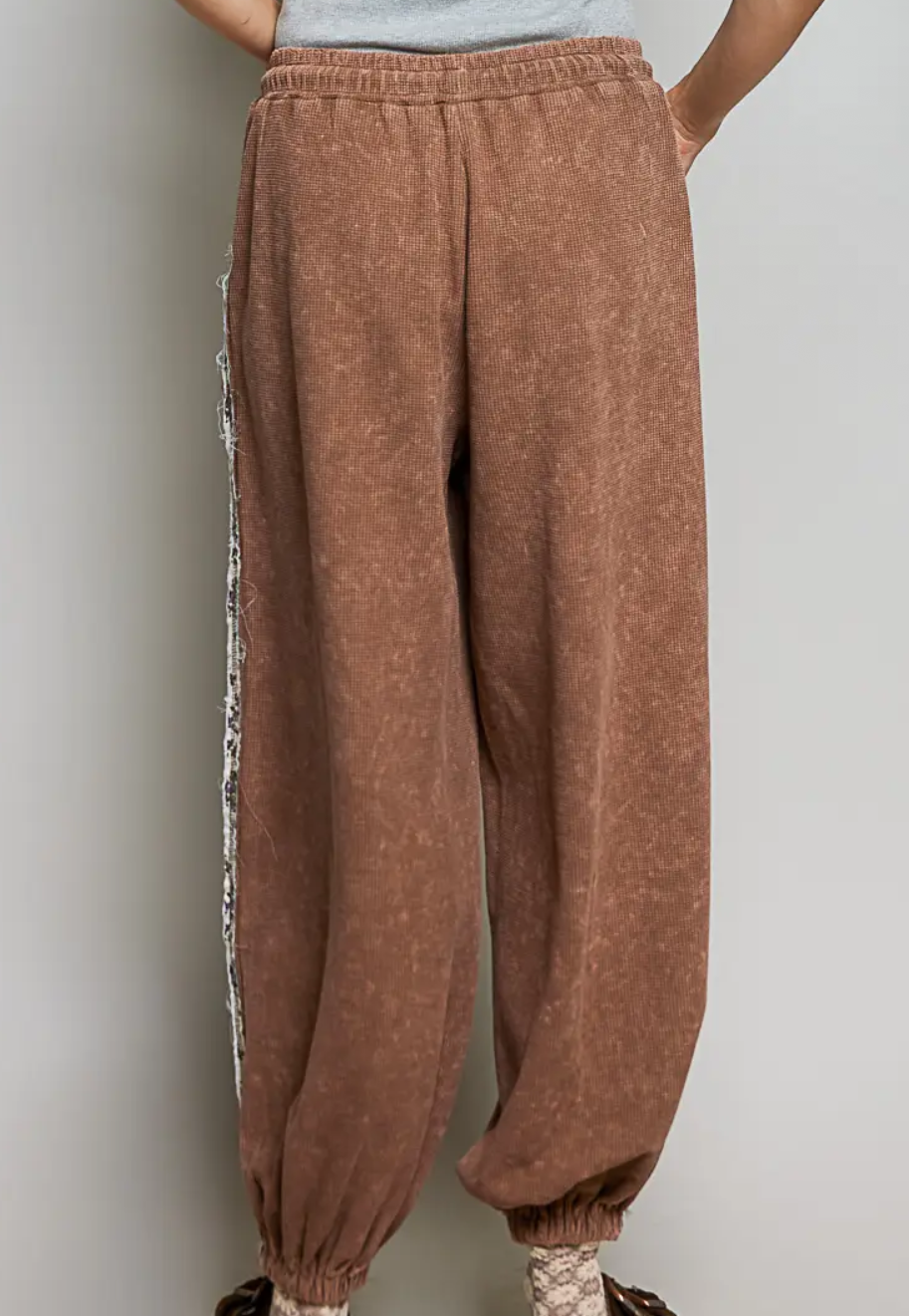 Vintage Wash Laser Cut Adjustable Waist Thermal Knit-Tan