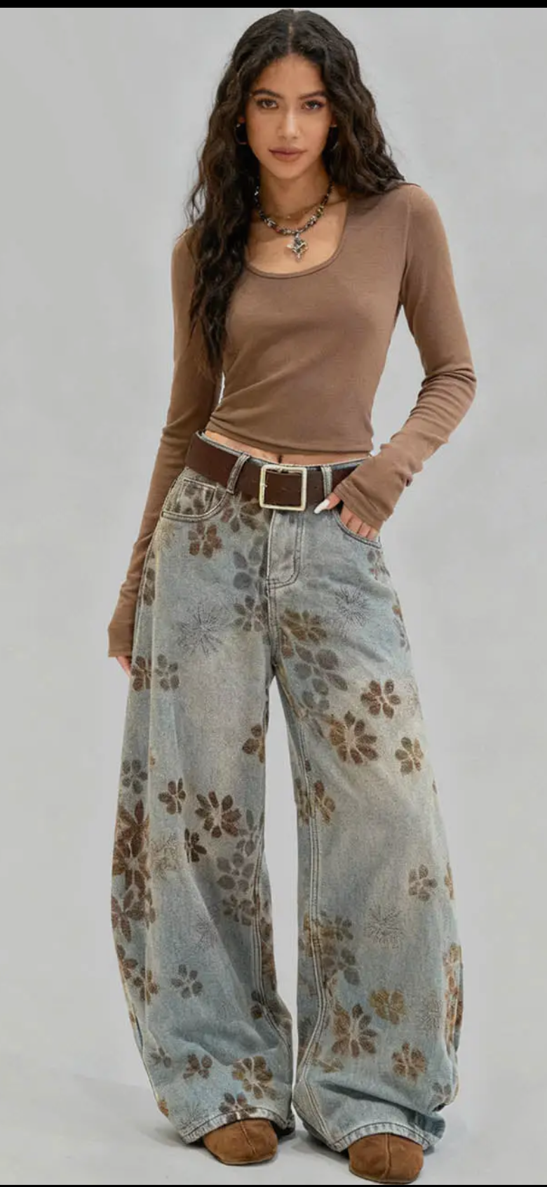 Brown Floral Wide Leg Denim Pants