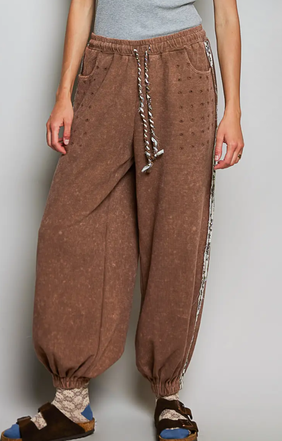 Vintage Wash Laser Cut Adjustable Waist Thermal Knit-Tan