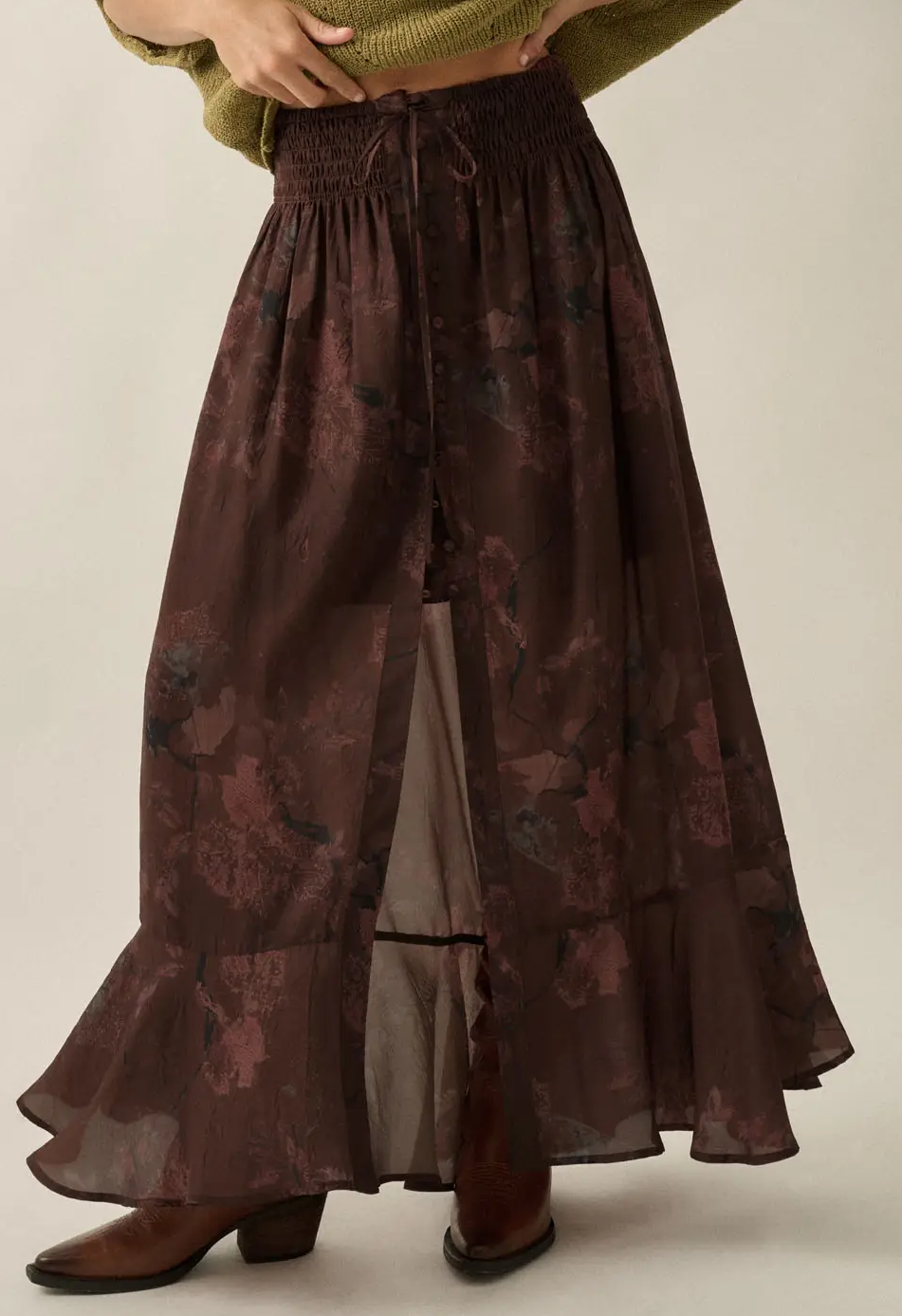 Floral Print Chiffon Button Front Ruffle Hem Maxi Skirt