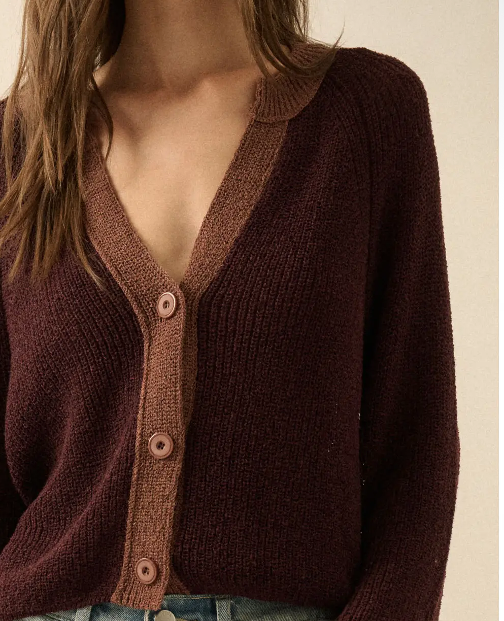 Ribbed Knit Contrast Cardigan Sweater